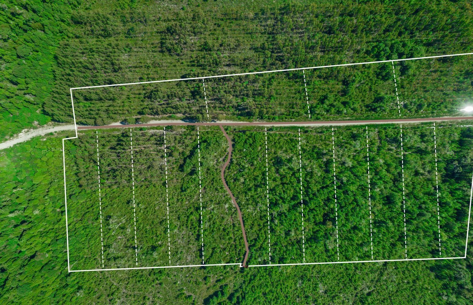 Vista cenital de dron de las parcelas del loteo a ambos lados del camino